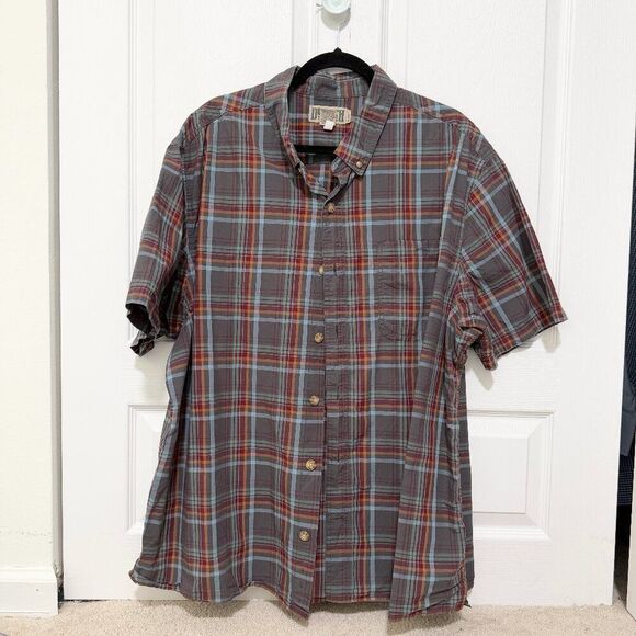 Men Duluth Trading Flannel Plaid Button-Up Short Sleeve Red Brown Size XXL - Picture 1 of 5